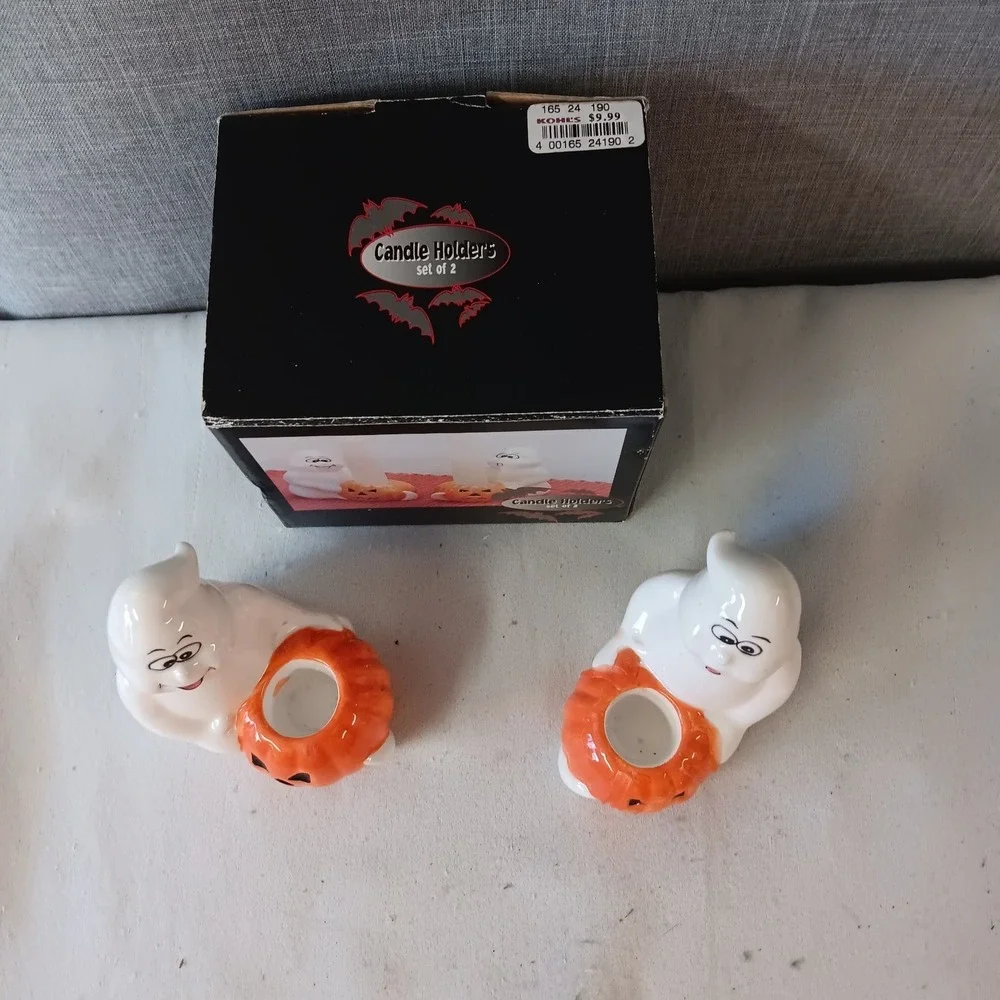 Vintage Halloween Ceramic Ghost Pumpkin Taper Candle Holders Set of 2 Decor